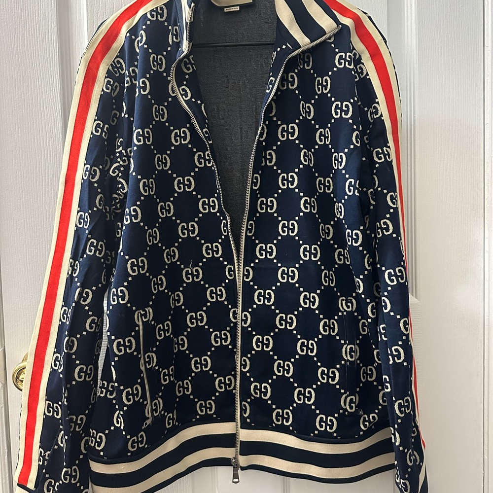 Navy GG Logo Track Jacket with Red and White Stripes